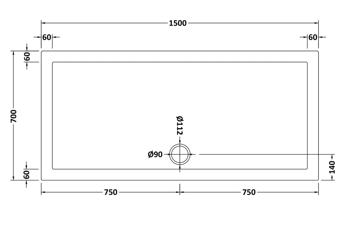 1500 x 700mm White Slip Resistant Slimline Rectangular Shower Tray