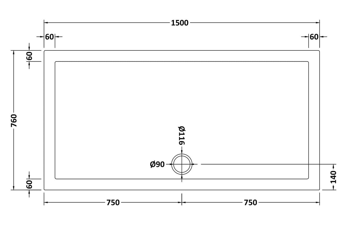 1500 x 760mm White Slip Resistant Slimline Rectangular Shower Tray