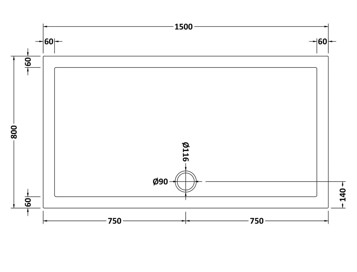 1500 x 800mm White Slip Resistant Slimline Rectangular Shower Tray