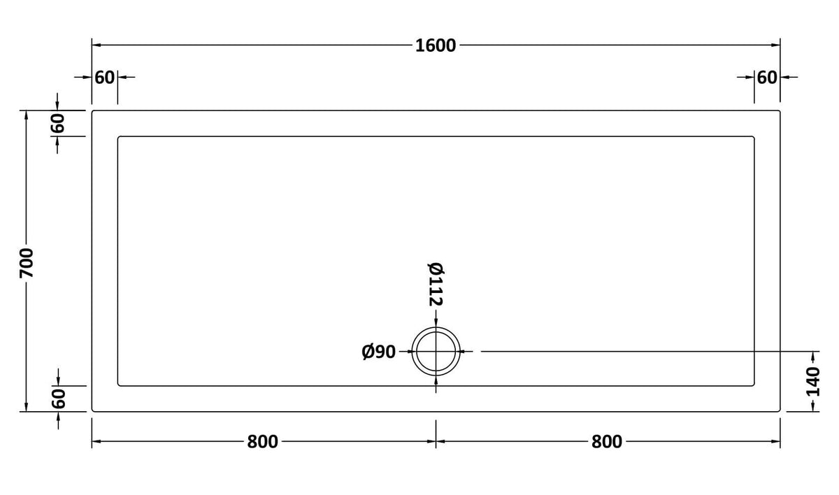 1600 x 700mm White Slip Resistant Slimline Rectangular Shower Tray