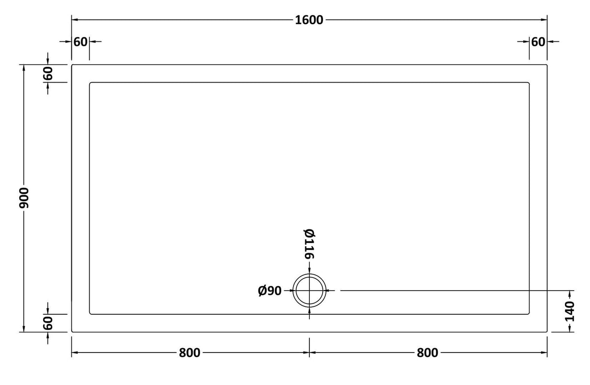1600 x 900mm White Slip Resistant Slimline Rectangular Shower Tray
