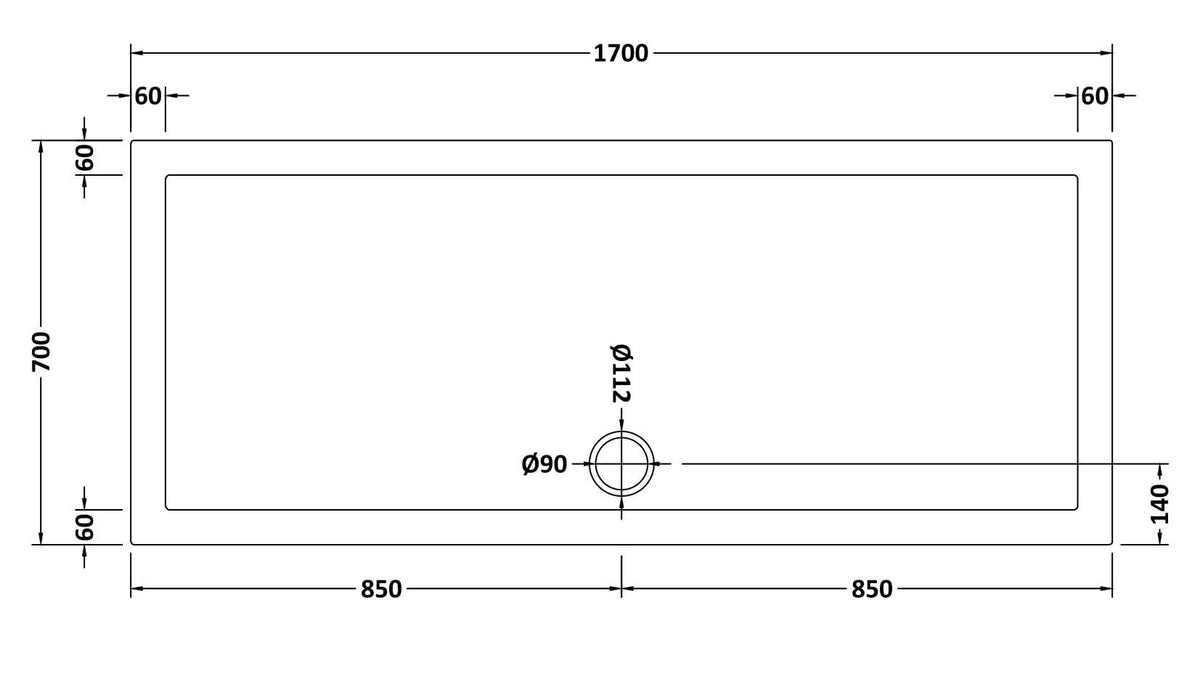 1700 x 700mm White Slip Resistant Slimline Rectangular Shower Tray