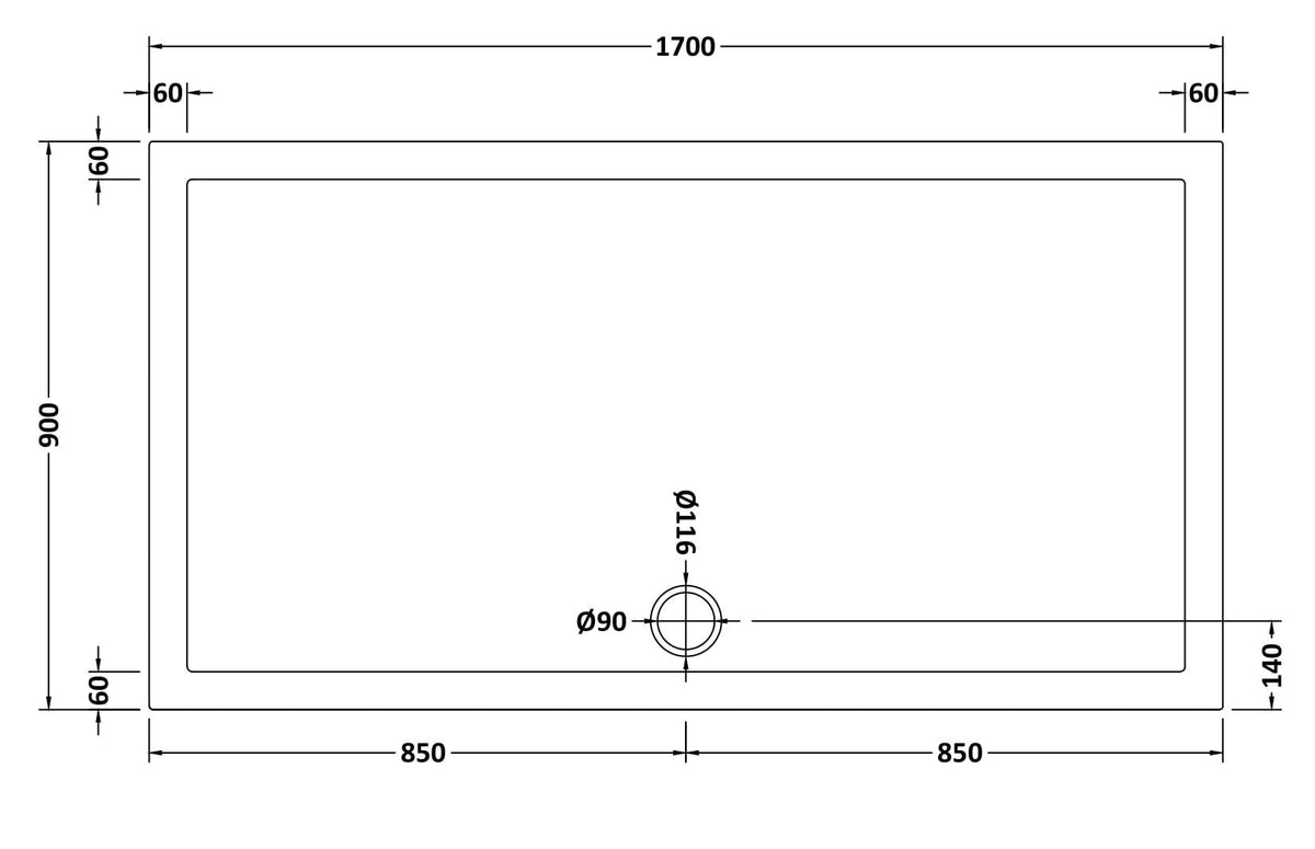 1700 x 900mm White Slip Resistant Slimline Rectangular Shower Tray