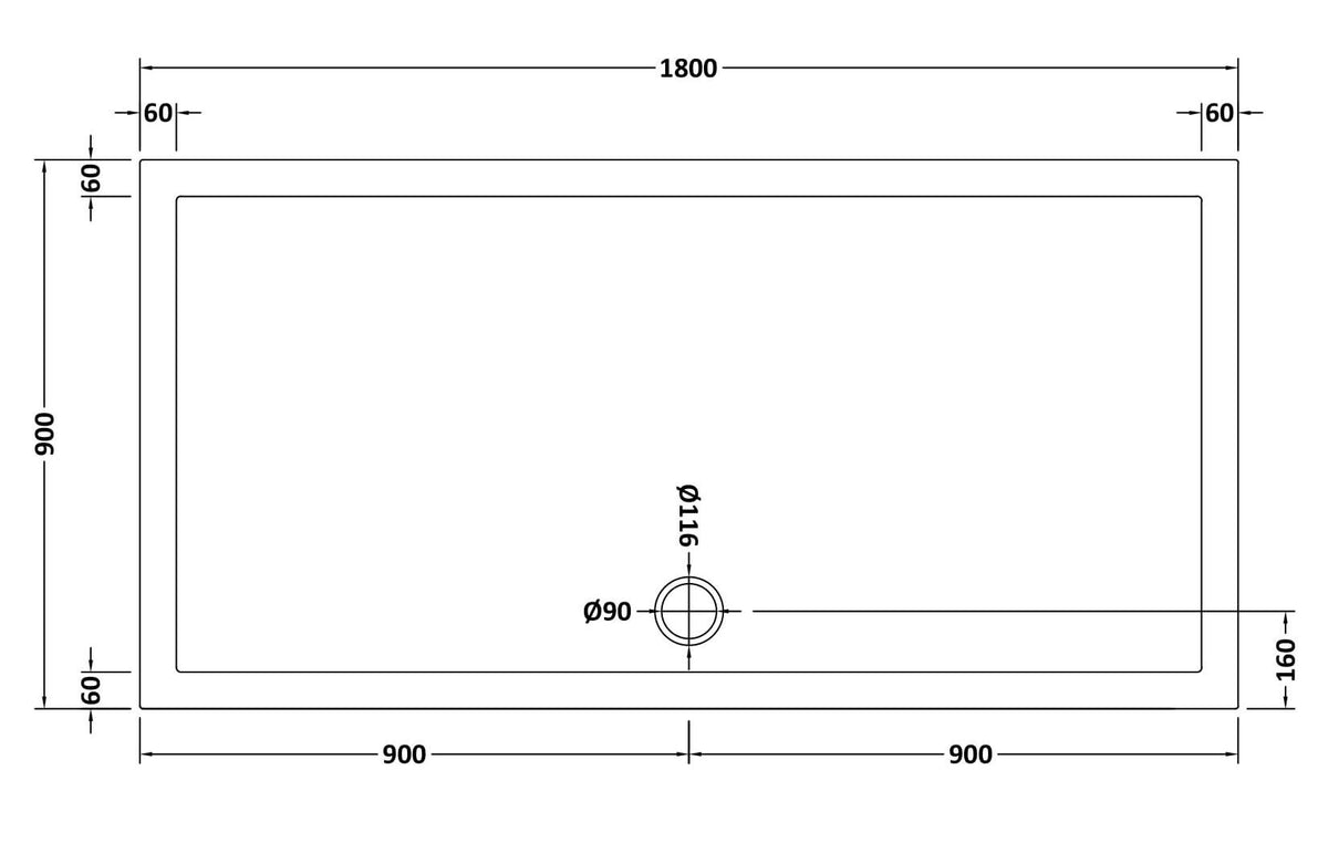 1800 x 900mm White Slip Resistant Slimline Rectangular Shower Tray