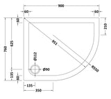 900 x 760mm White Slip Resistant Slimline Right Hand Offset Quadrant Shower Tray
