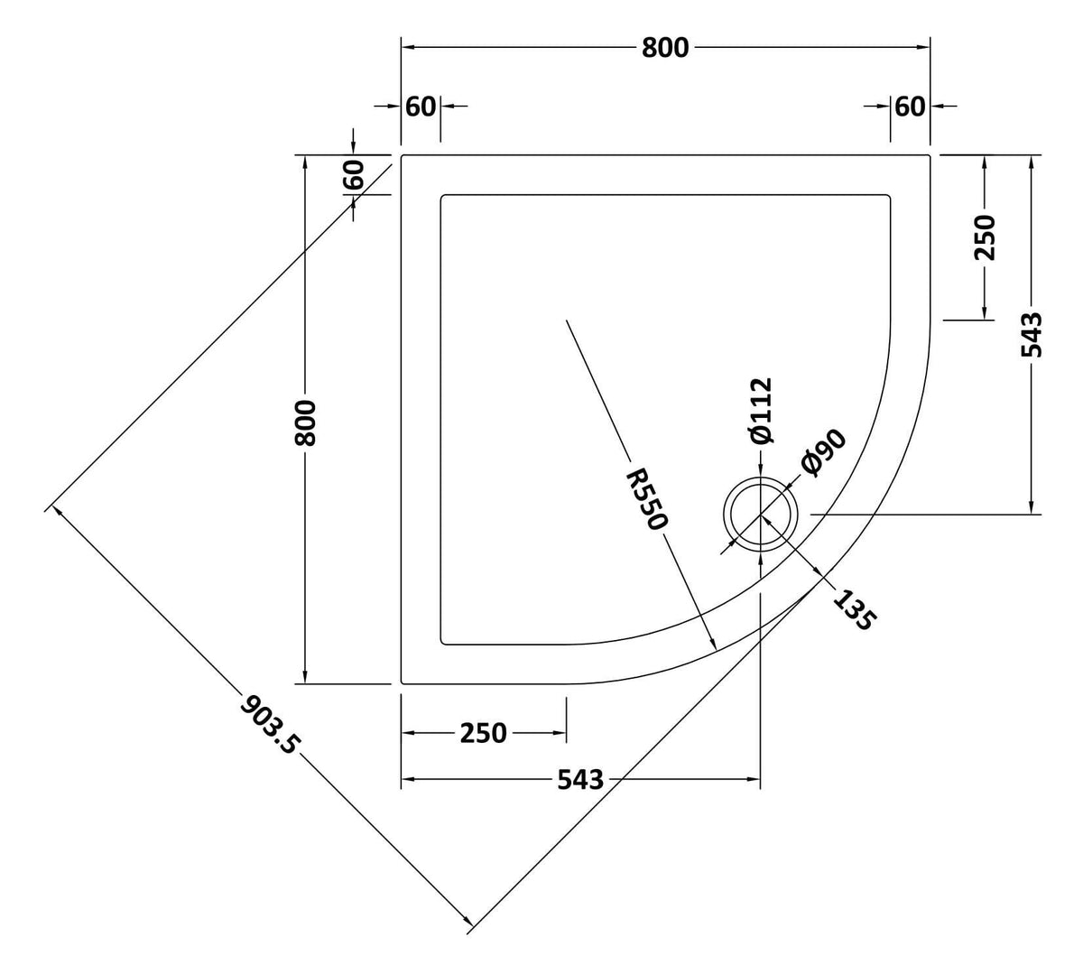 800mm White Slip Resistant Slimline Quadrant Shower Tray