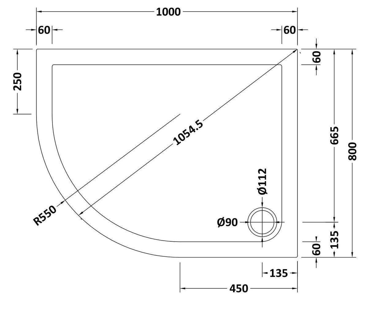 1000 x 800mm White Slip Resistant Slimline Left Hand Offset Quadrant Shower Tray