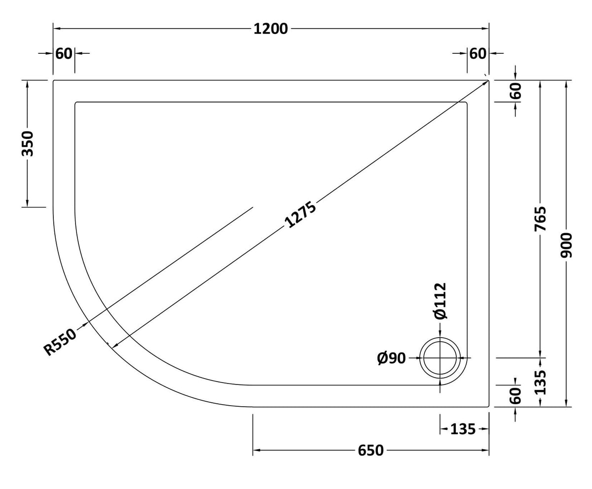 1200 x 900mm White Slip Resistant Slimline Left Hand Offset Quadrant Shower Tray