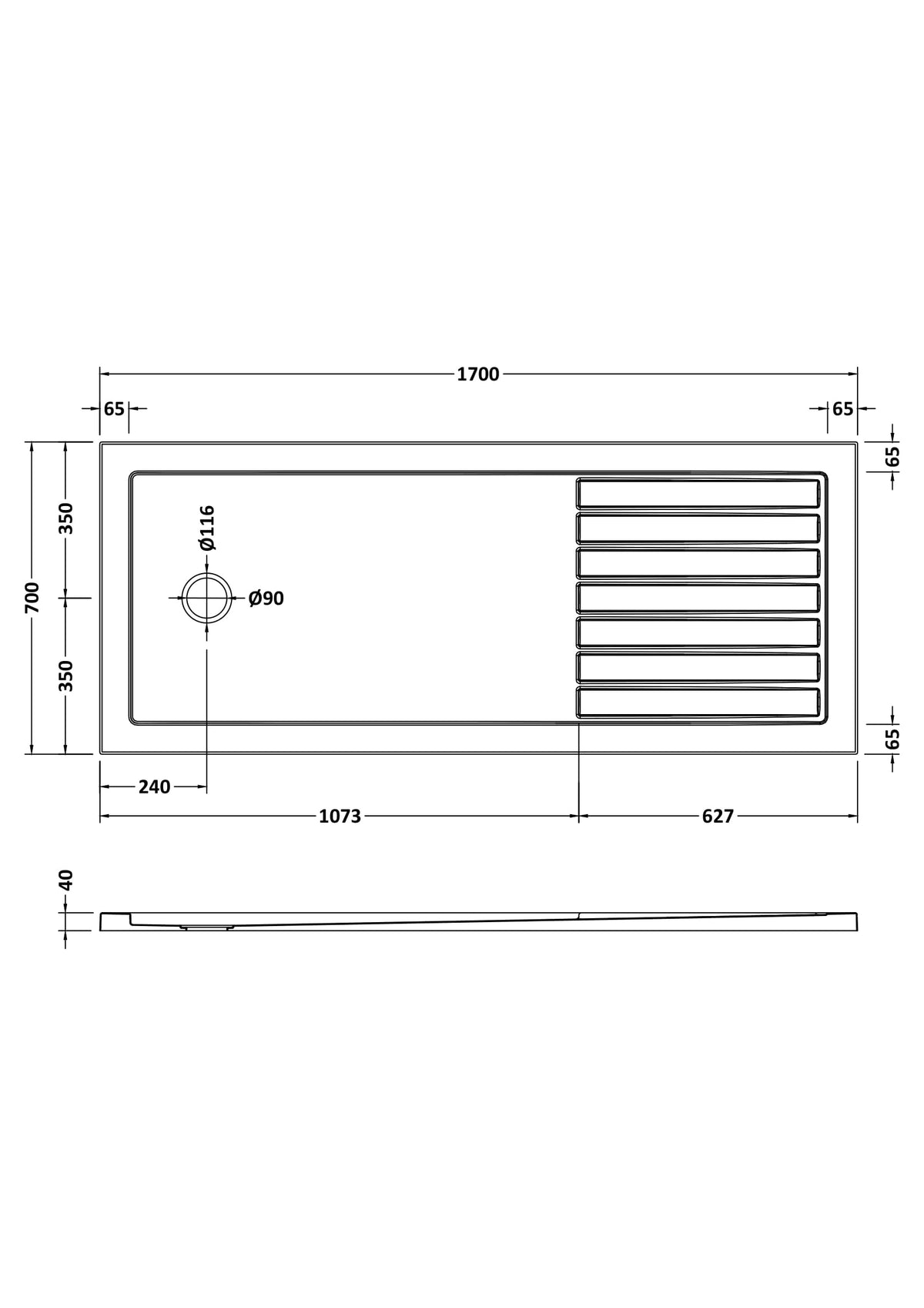 1700 x 700mm White Slip Resistant  Rectangular Shower Tray