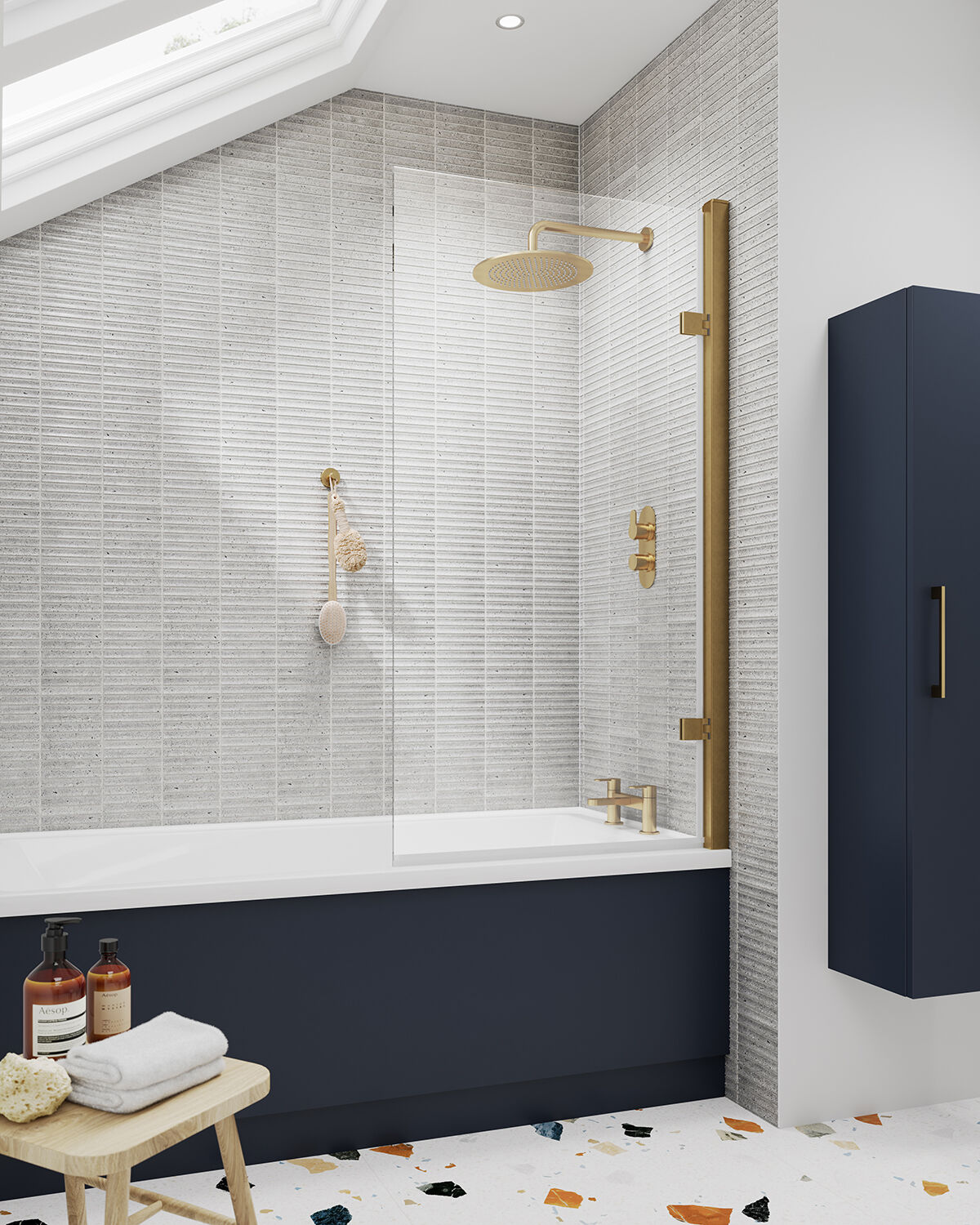 Pacific 800mm Brushed Brass Hinged Bath Screen