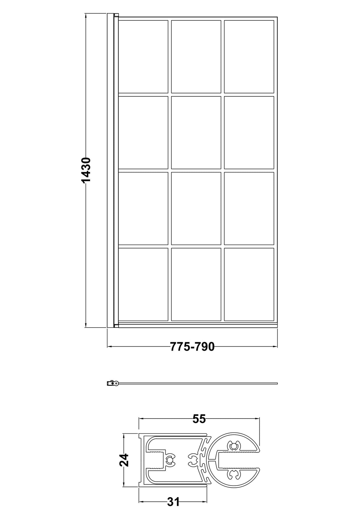 800mm Matt Black Square  Bath Screen