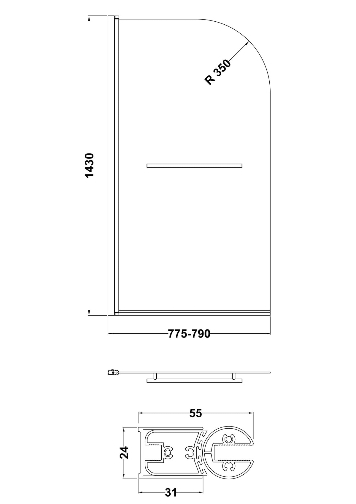Modern Splash 800mm Chrome Bath Screen With Rail