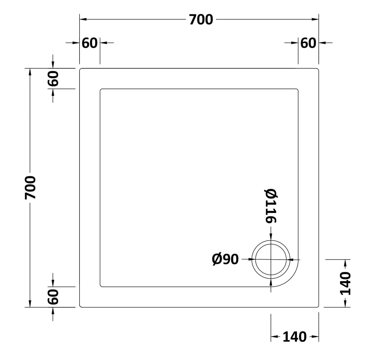 700 x 700mm White Slimline  Square  Shower Tray