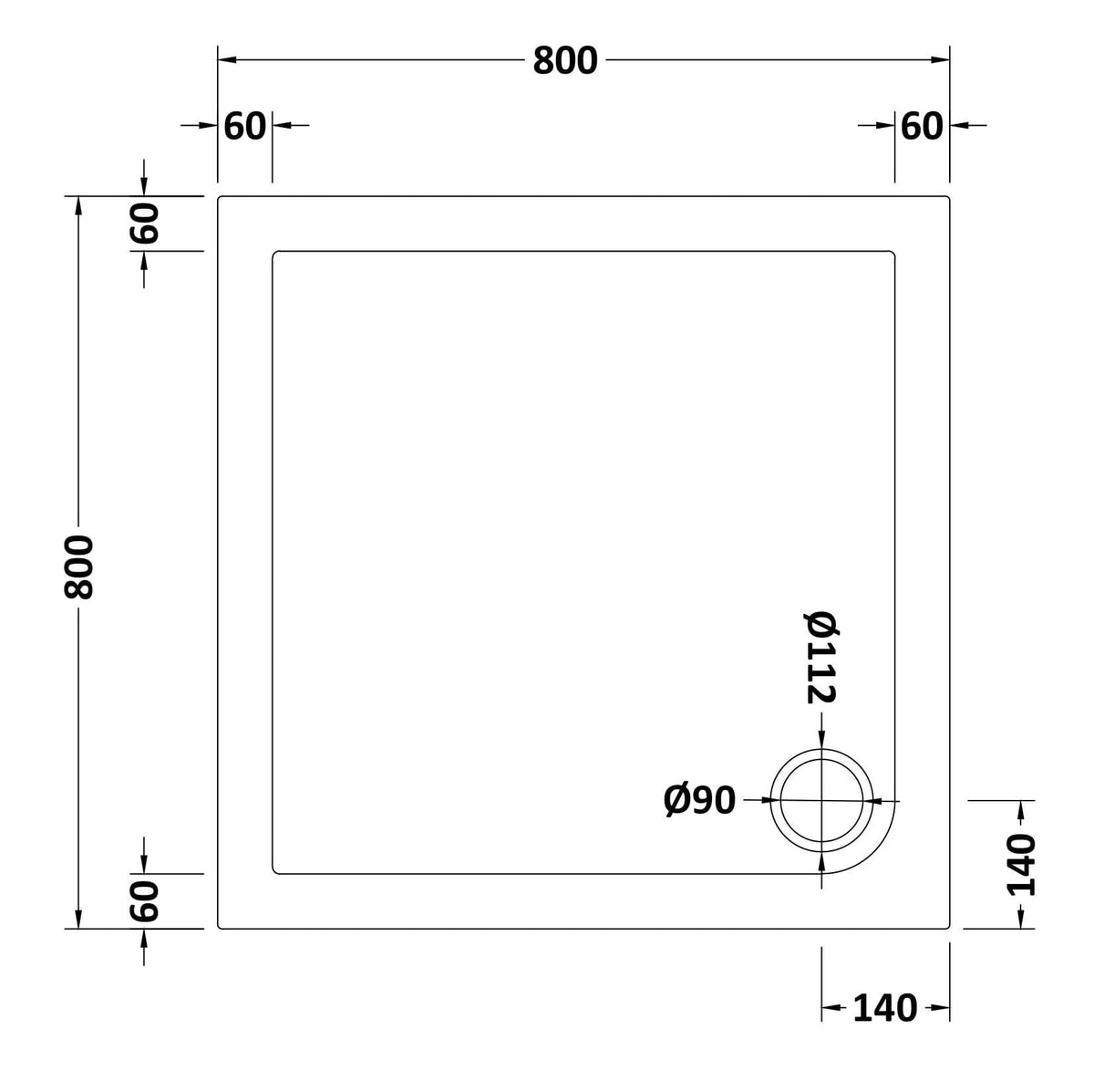 800 x 800mm White Slimline  Square  Shower Tray