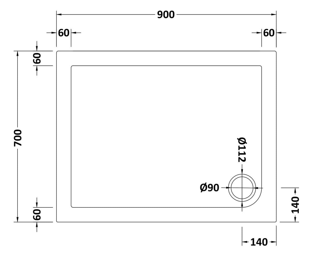 900 x 700mm White Slimline Rectangular Shower Tray