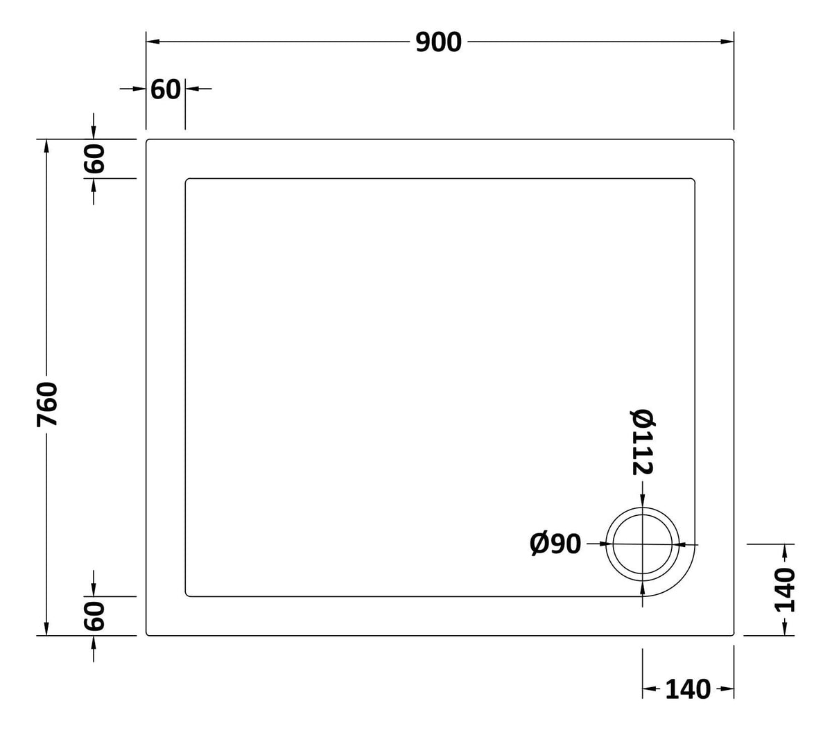 900 x 760mm White Slimline Rectangular Shower Tray