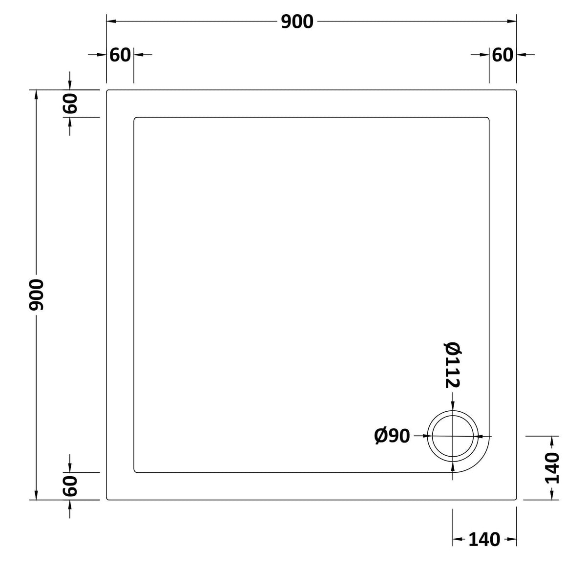 900 x 900mm White Slimline Square  Shower Tray