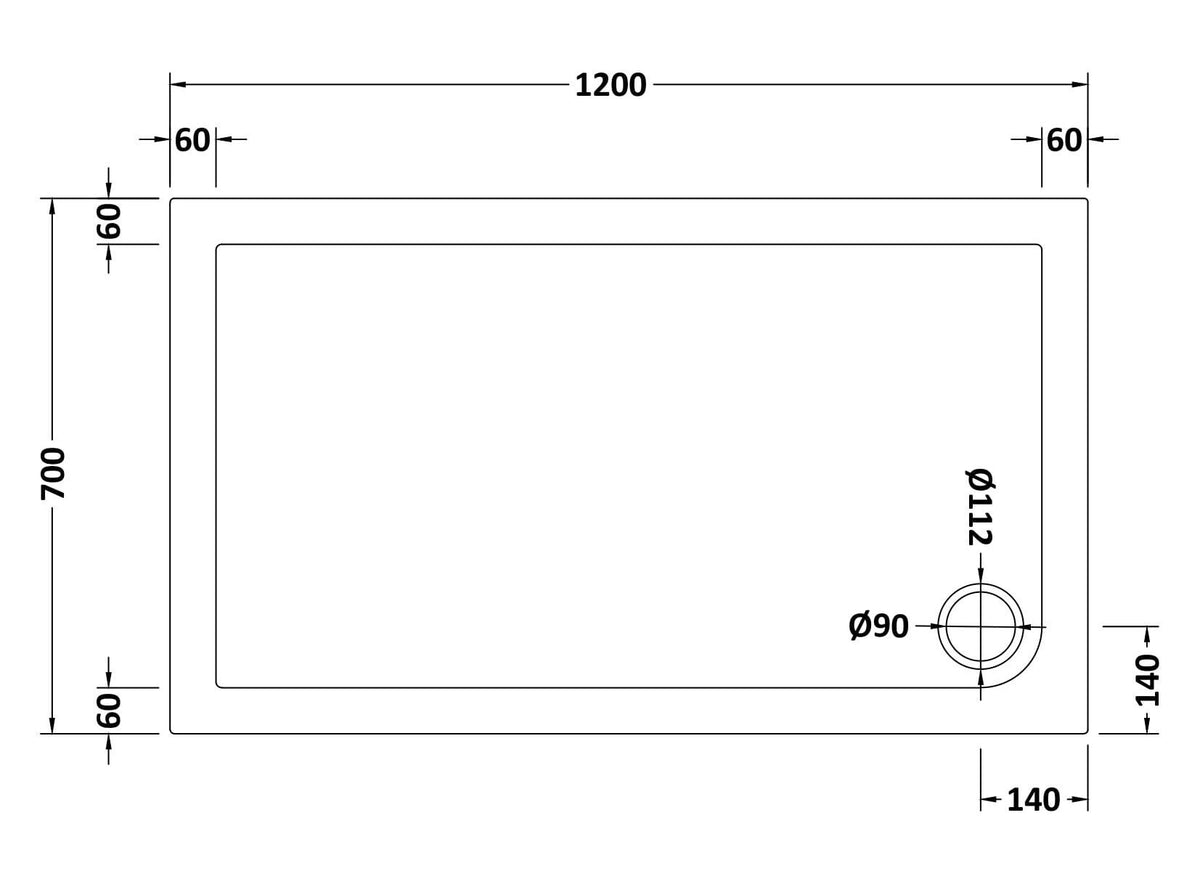 1200 x 700mm White Slimline Rectangular Shower Tray