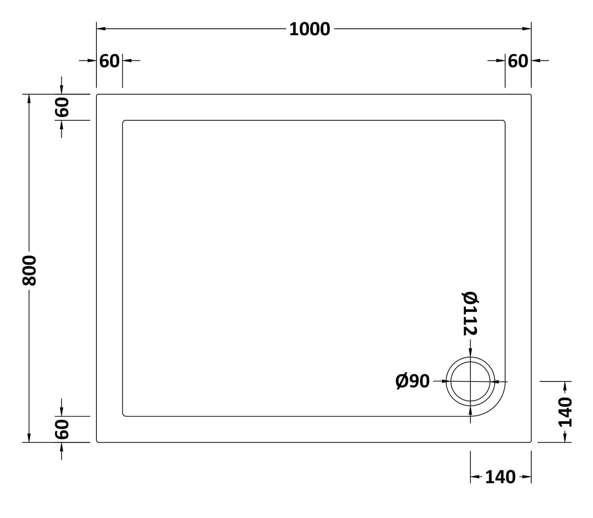 1000 x 800mm White Slimline Rectangular Shower Tray