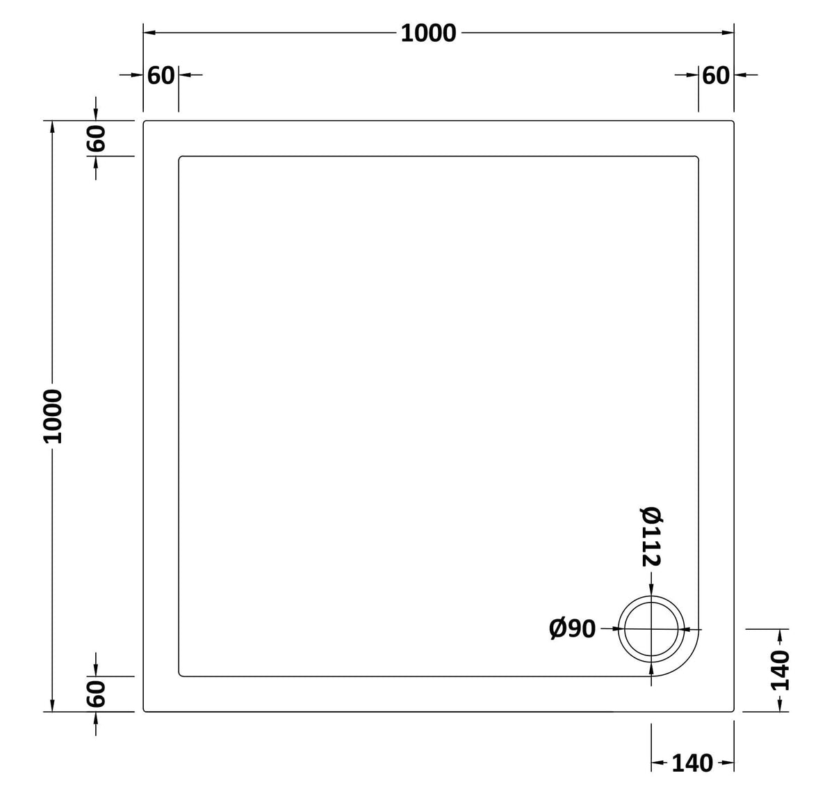 1000 x 1000mm White Slimline Square Shower Tray