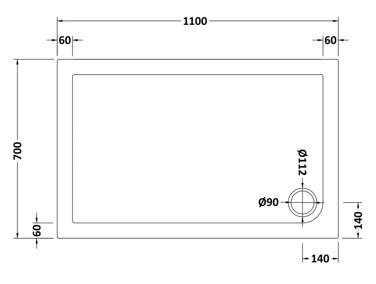 1100 x 700mm White Slimline Rectangular Shower Tray
