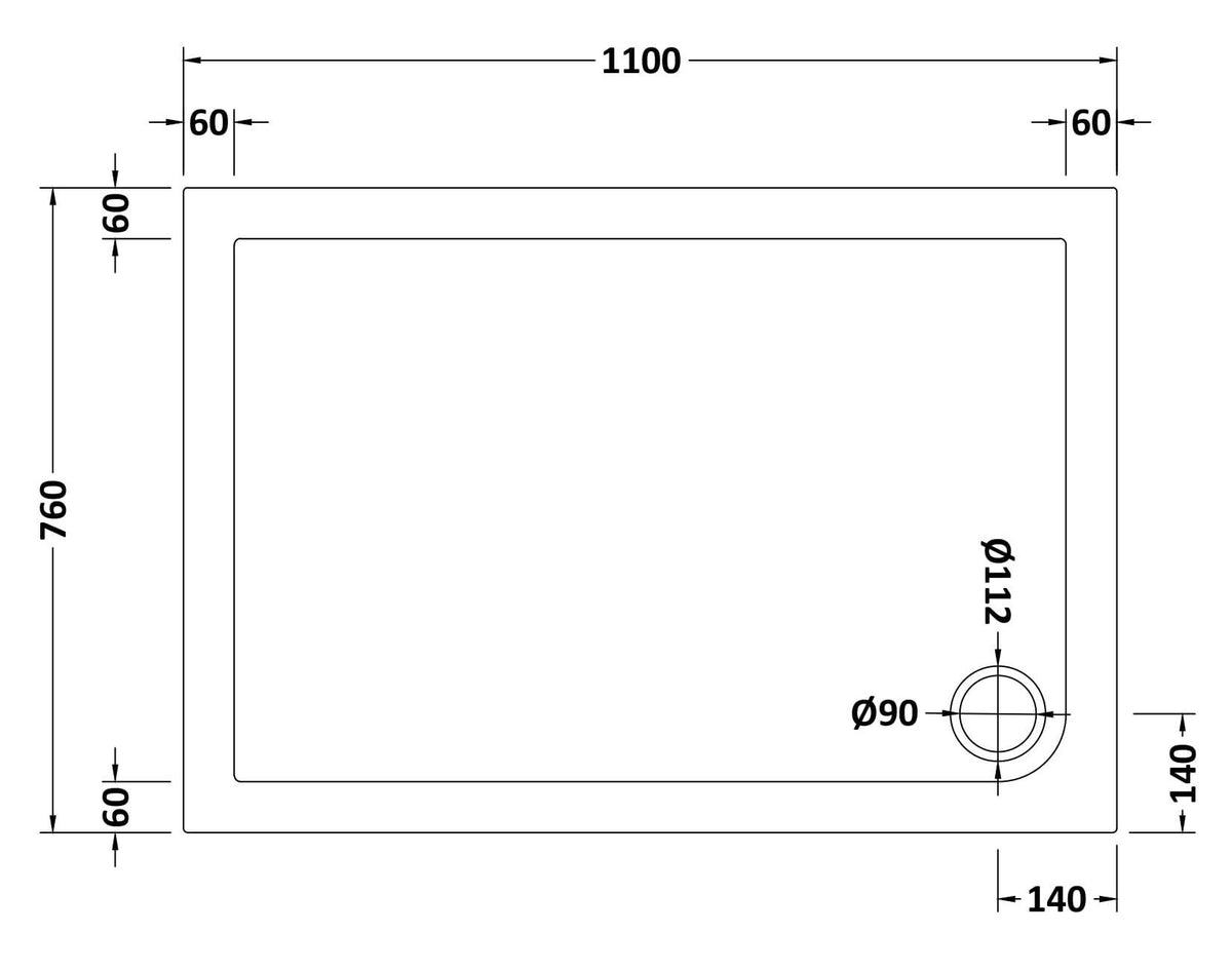 1100 x 760mm White Slimline Rectangular Shower Tray
