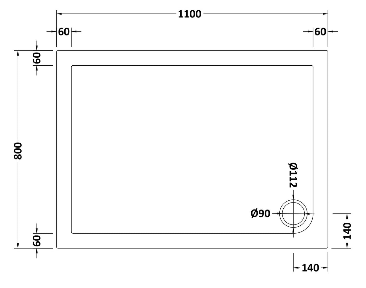 1100 x 800mm White Slimline Rectangular Shower Tray