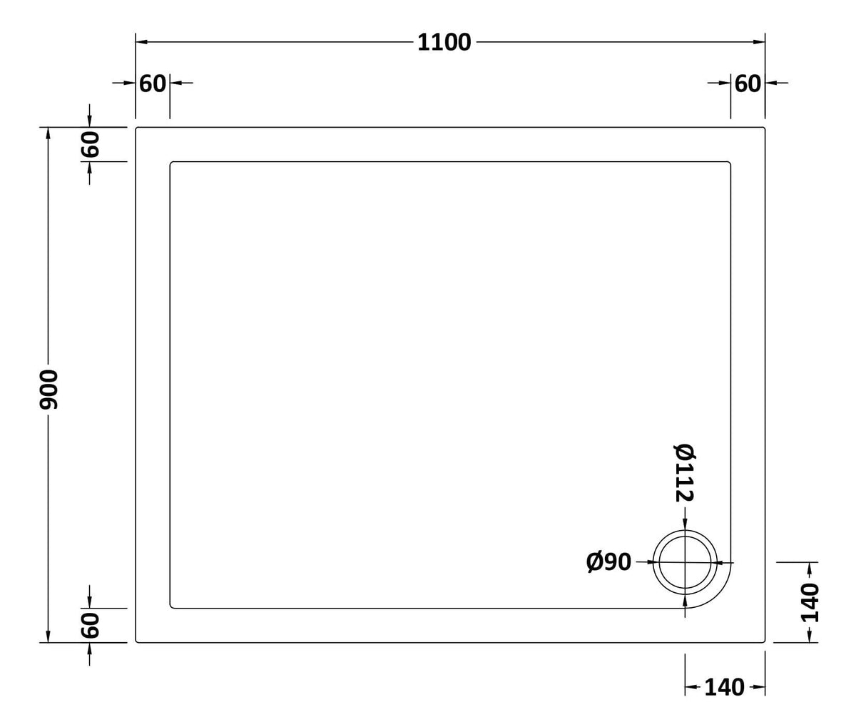 1100 x 900mm White Slimline Rectangular Shower Tray