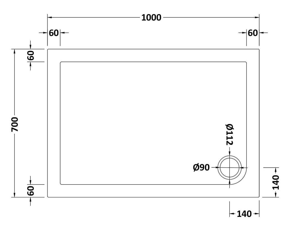 1000 x 700mm White Slimline Rectangular Shower Tray