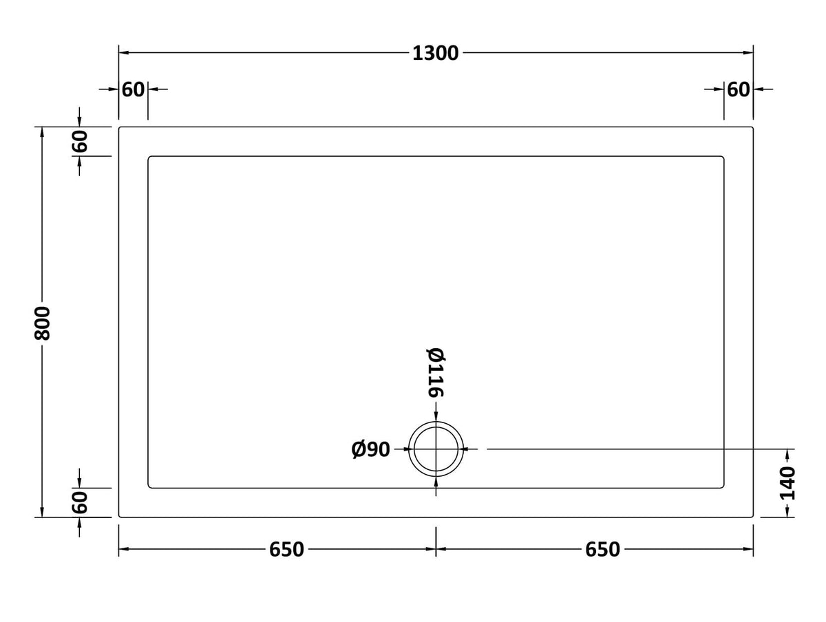 1300 x 800mm White Slimline Rectangular Shower Tray