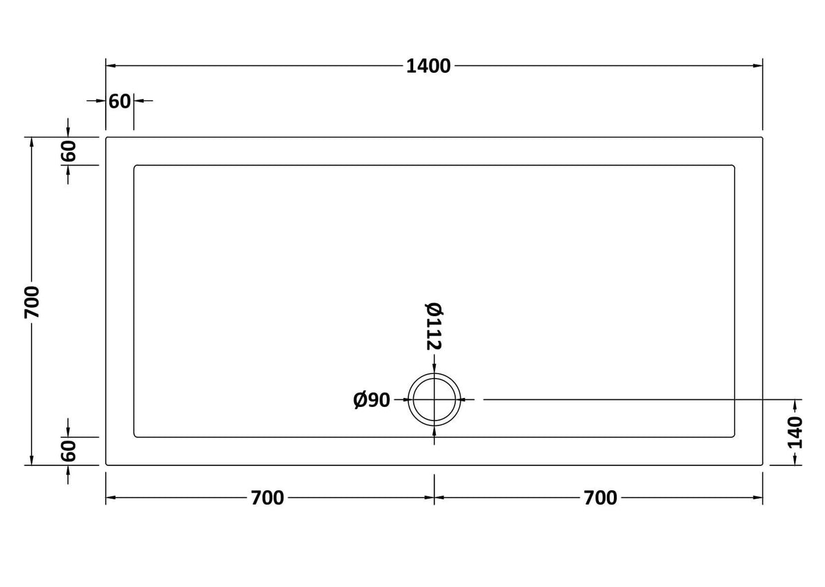1400 x 700mm White Slimline Rectangular Shower Tray