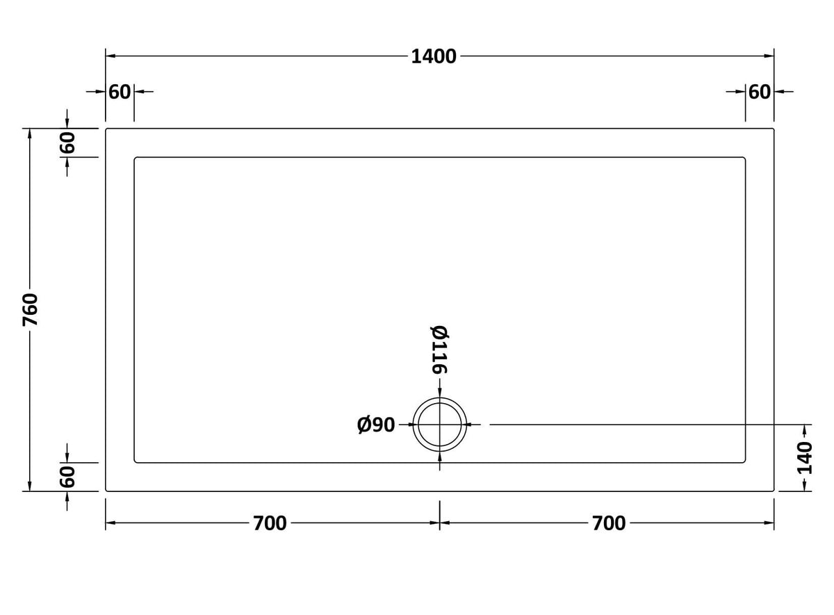 1400 x 760mm White Slimline Rectangular Shower Tray