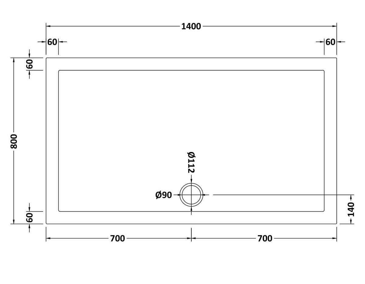1400 x 800mm White Slimline Rectangular Shower Tray