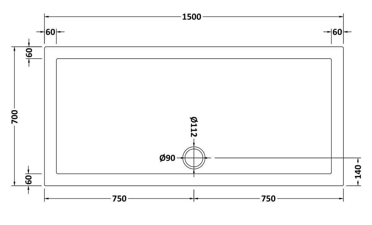 1500 x 700mm White Slimline Rectangular Shower Tray
