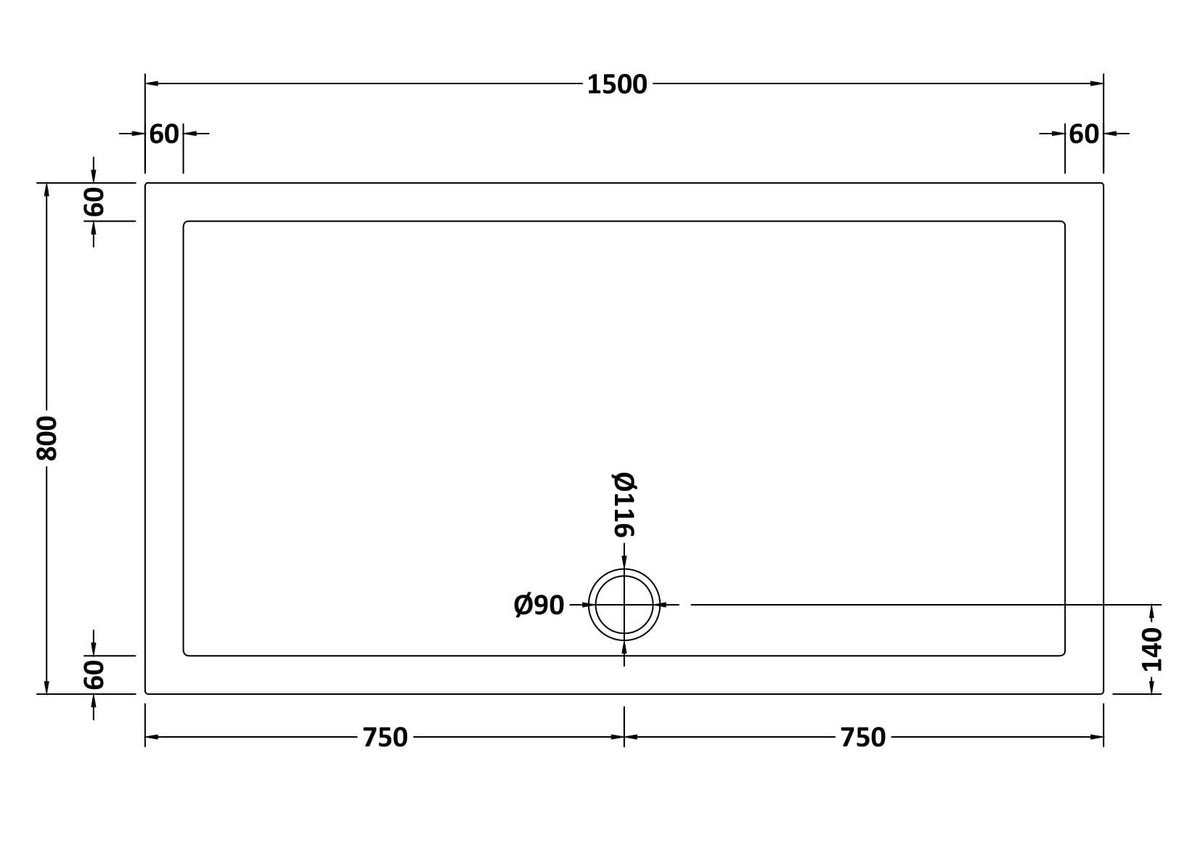 1500 x 800mm White Slimline Rectangular Shower Tray