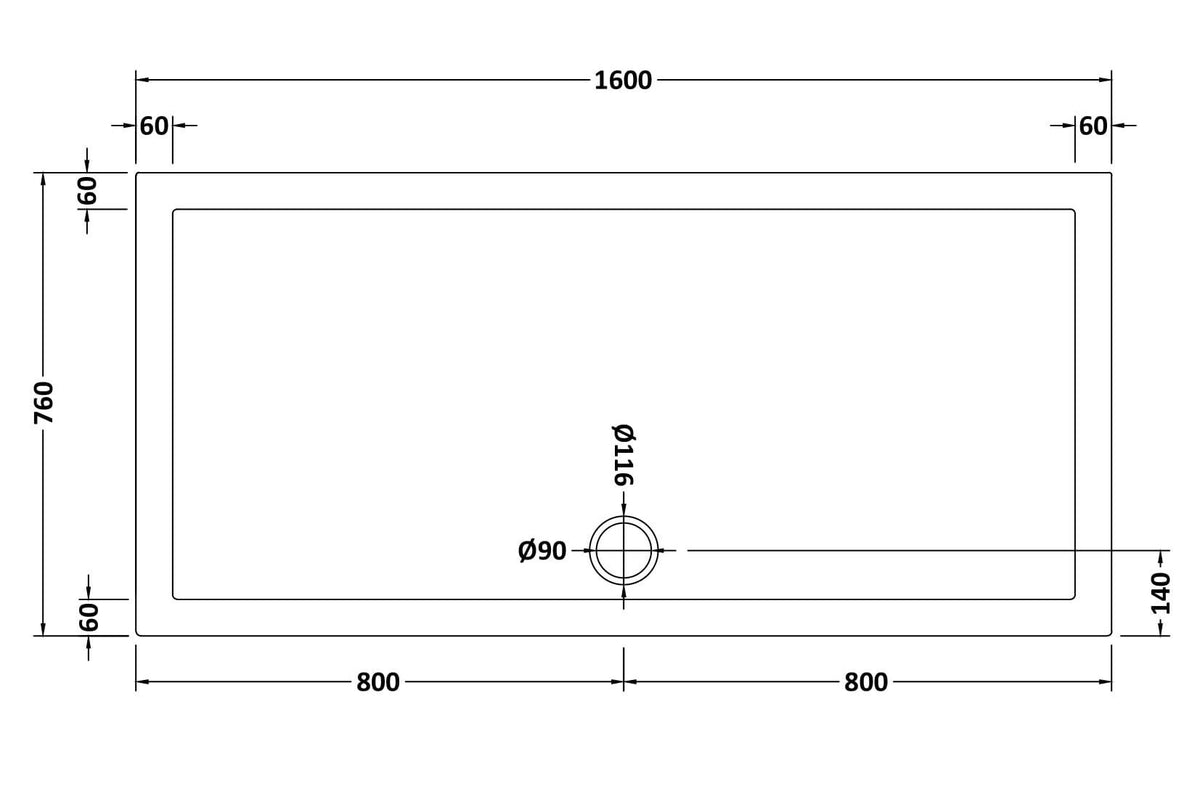1600 x 760mmWhite Slimline Rectangular Shower Tray