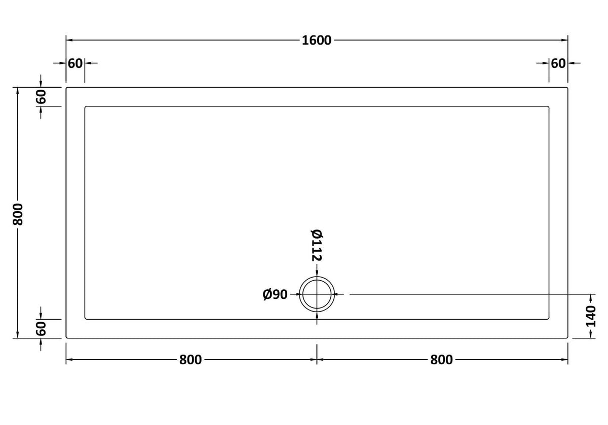 1600 x 800mm White Slimline Rectangular Shower Tray