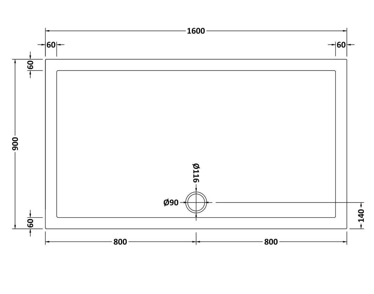 1600 x 900mm White Slimline Rectangular Shower Tray
