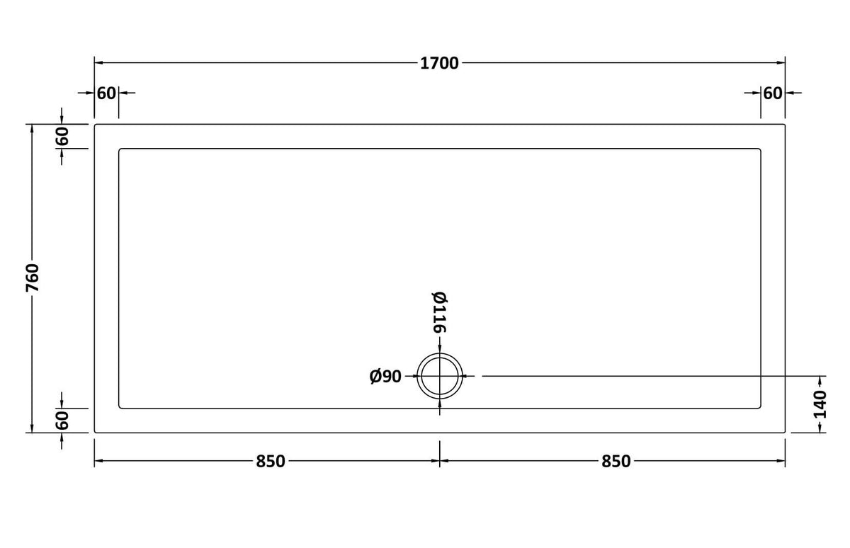 1700 x 760mm White Slimline Rectangular Shower Tray