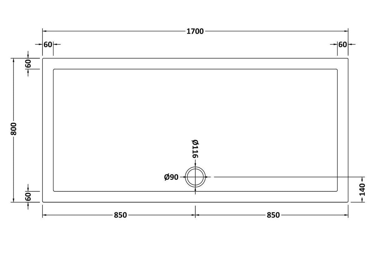 1700 x 800mm White Slimline Rectangular Shower Tray