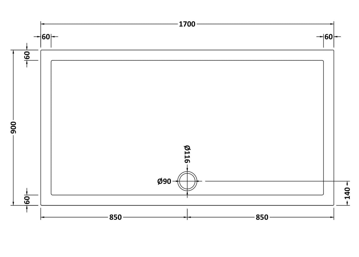 1700 x 900mm White Slimline Rectangular Shower Tray