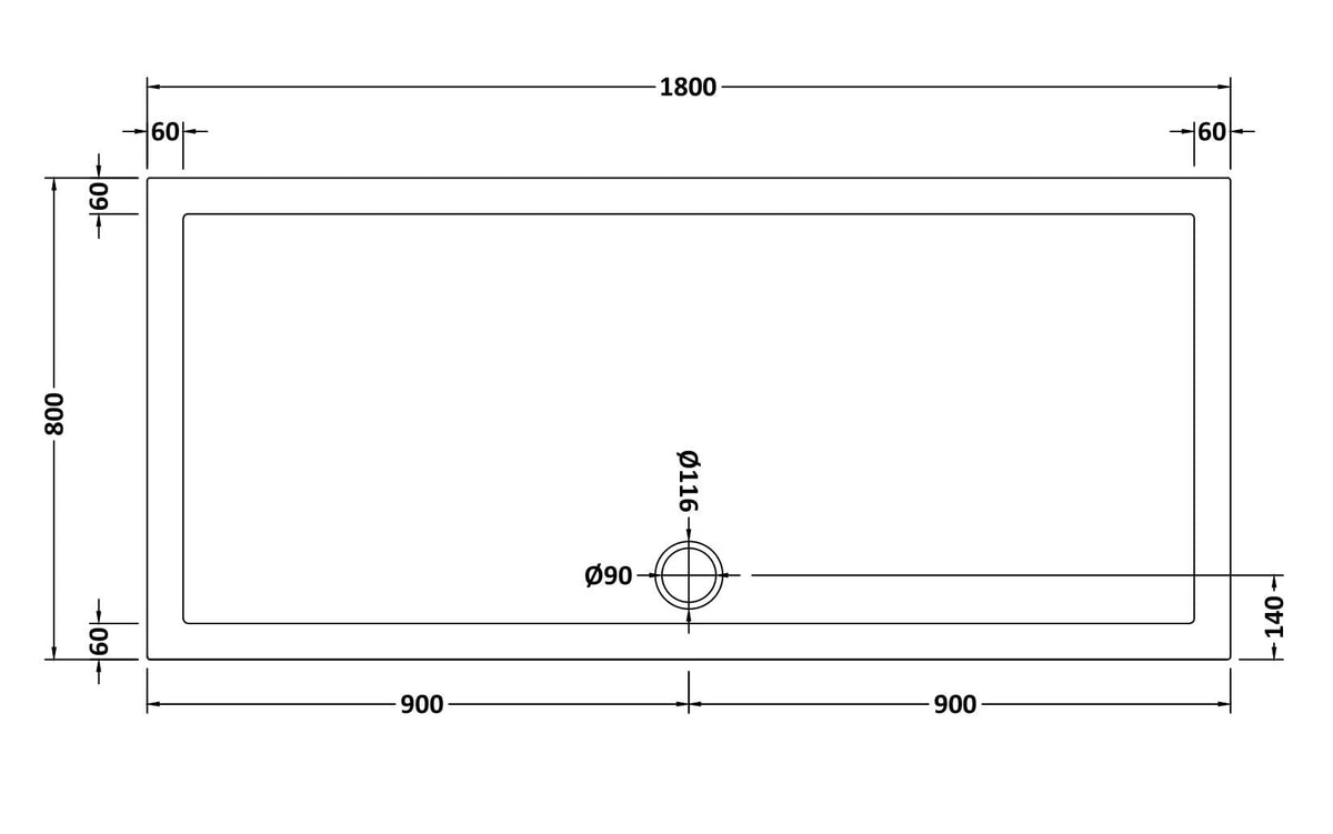 1800 x 800mm White Slimline Rectangular Shower Tray