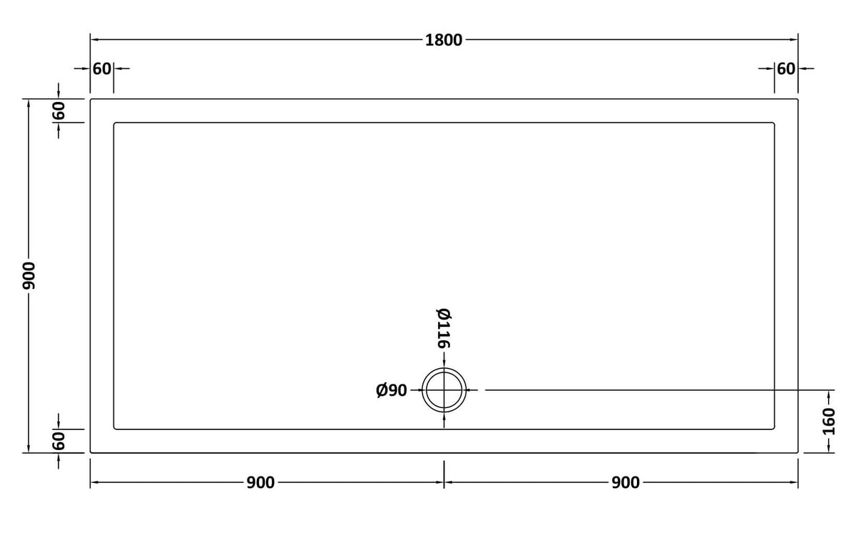 1800 x 900mm White Slimline Rectangular Shower Tray