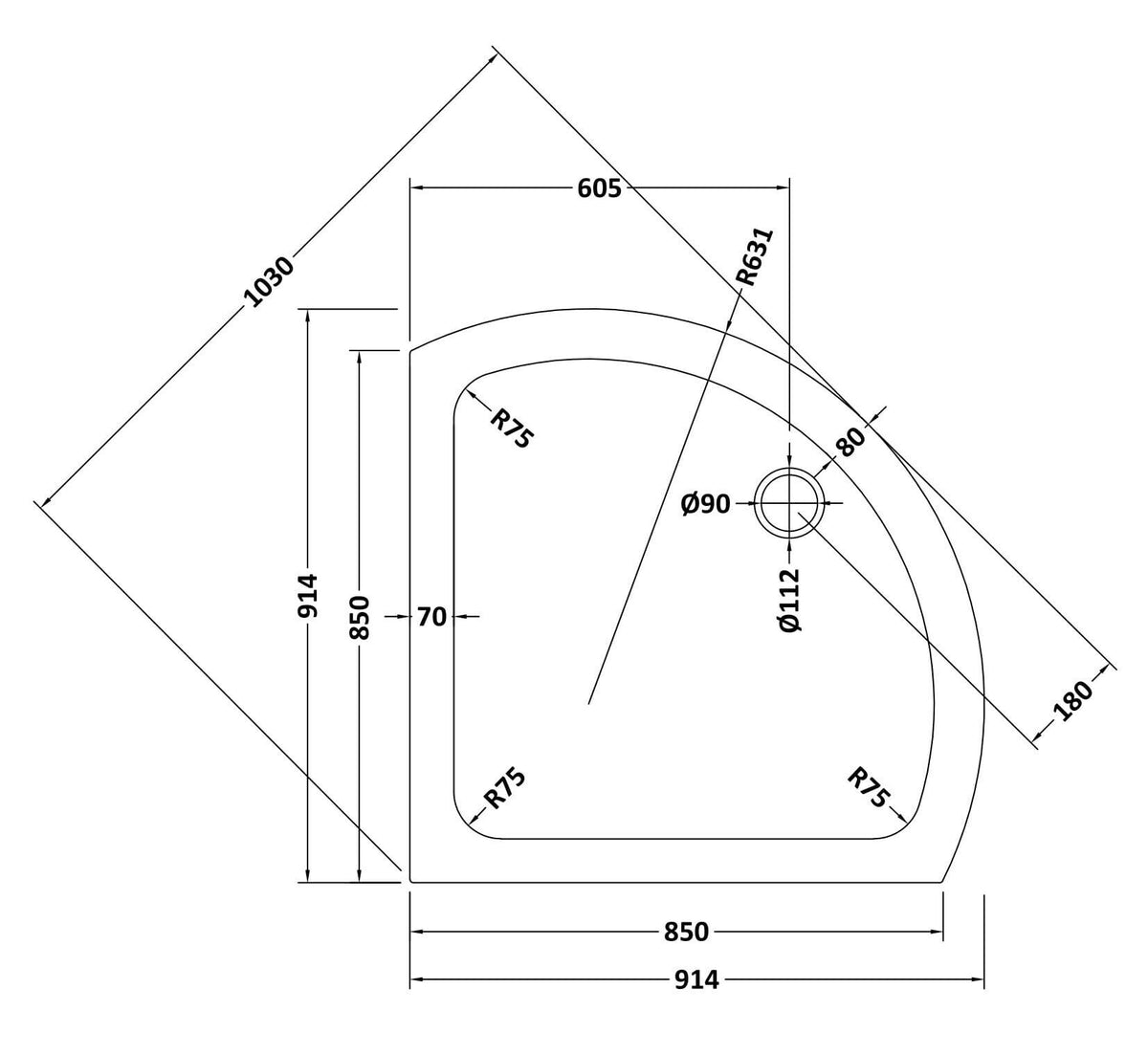 914 x 914mm White Slimline Single Entry Shower Tray