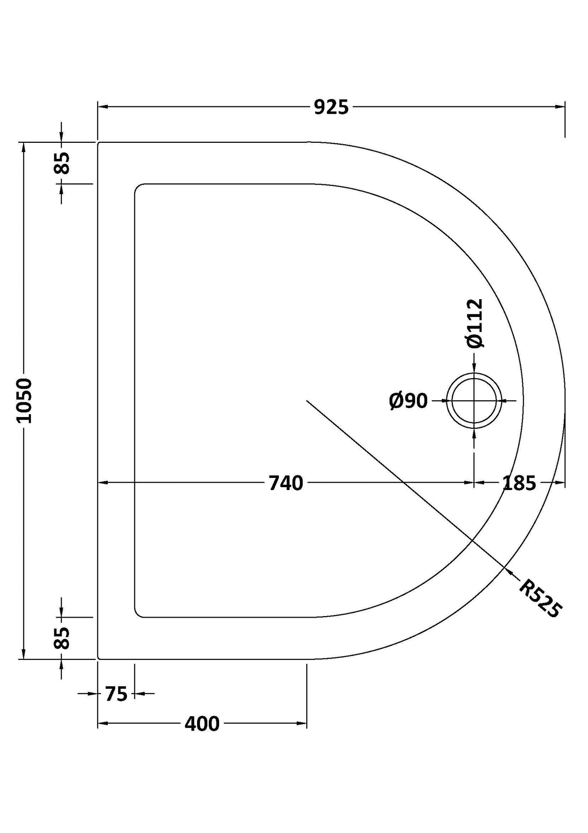 1050mm White Slimline D shape Shower Tray