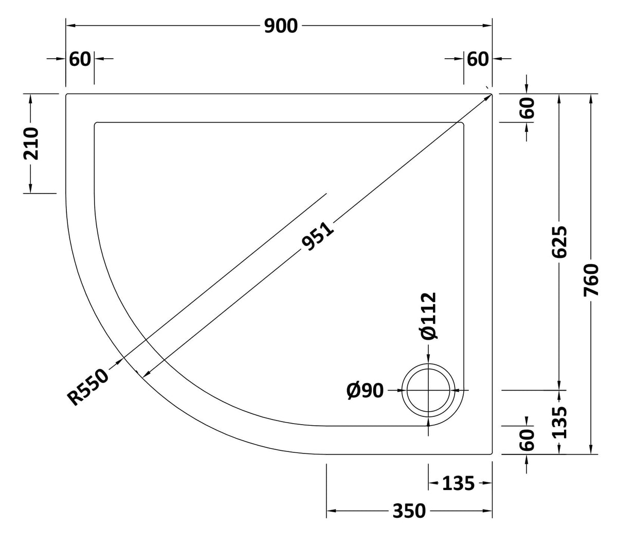900 x 760mm White Slimline Left Hand Offset Quadrant Shower Tray
