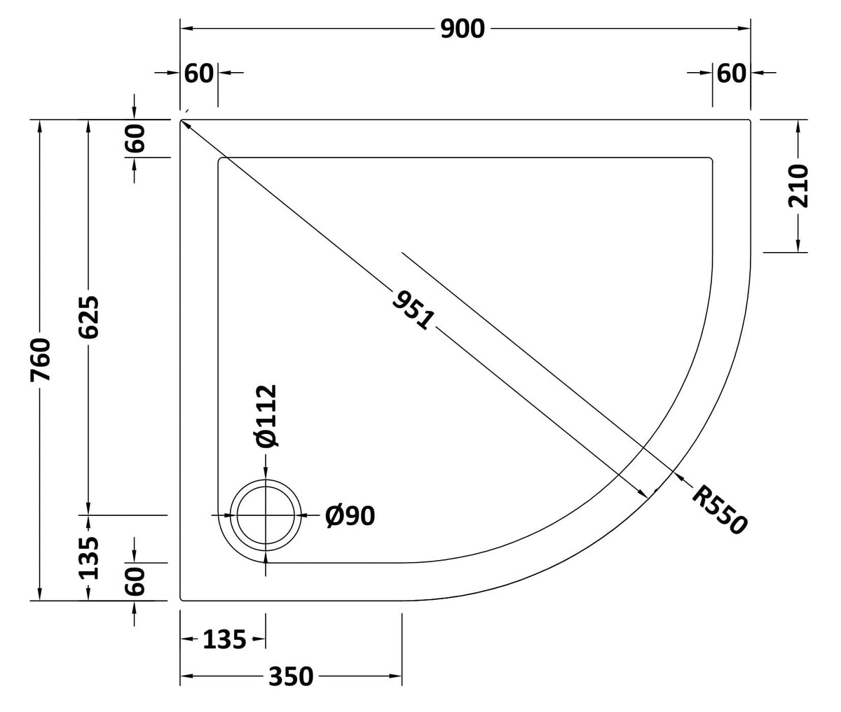 900 x 760mm White Slimline Right Hand Offset Quadrant Shower Tray