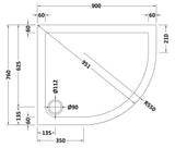 900 x 760mm White Slimline Right Hand Offset Quadrant Shower Tray