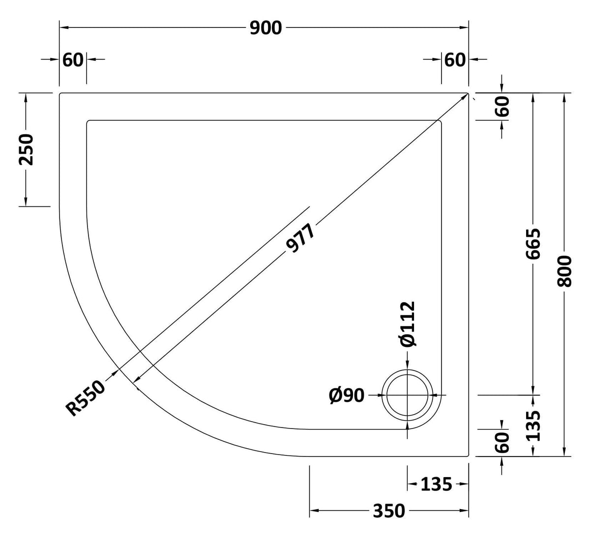 900 x 800mm White Slimline Left Hand Offset Quadrant Shower Tray