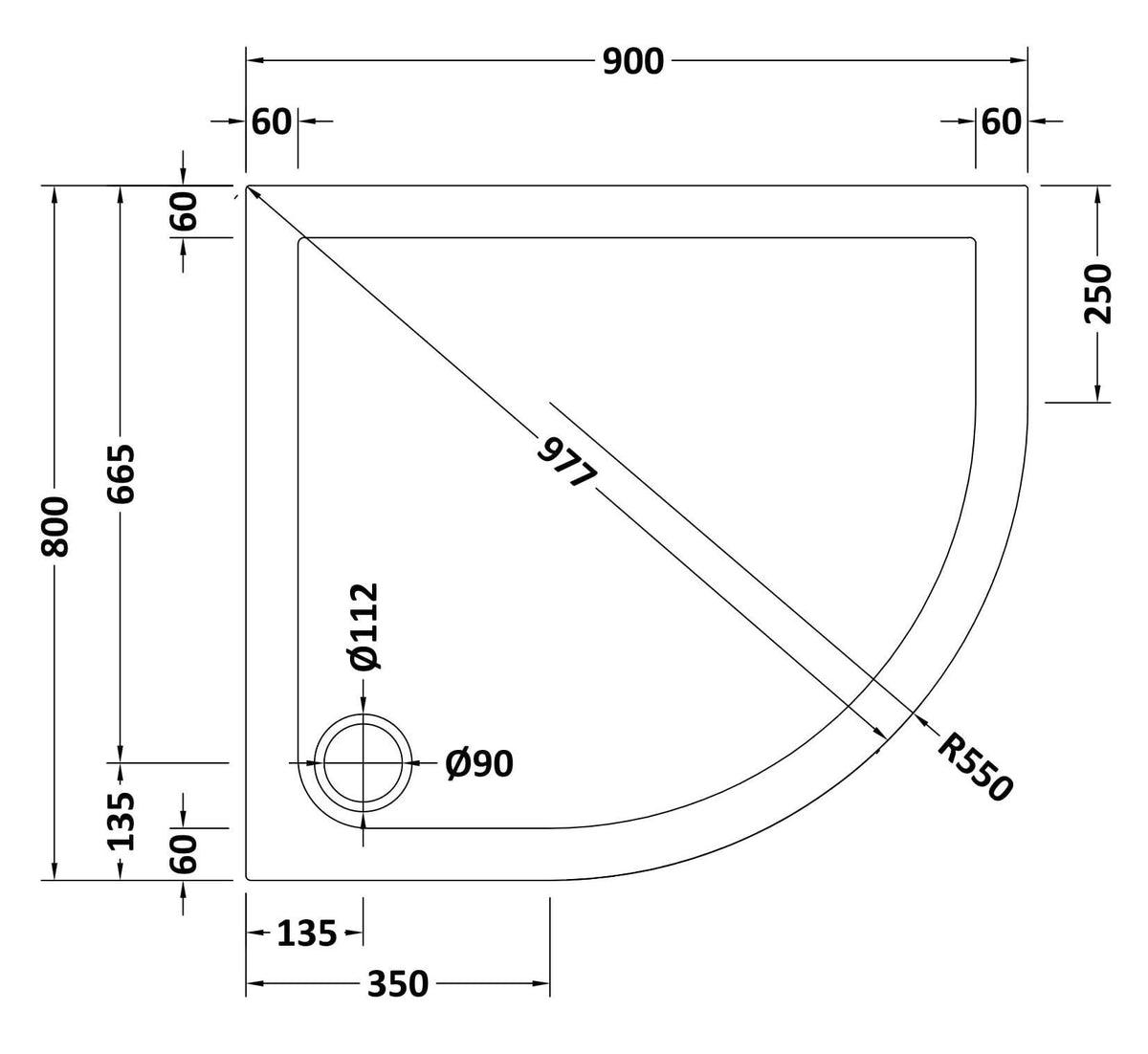 900 x 800mm White Slimline Right Hand Offset Quadrant Shower Tray